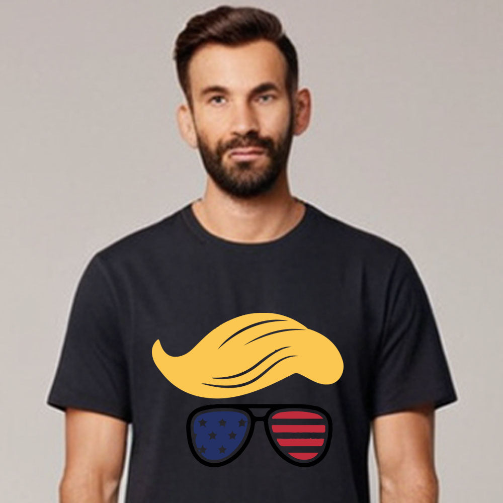 Diseños Black Funny Graphic Tee - Trump Hair & American Glasses